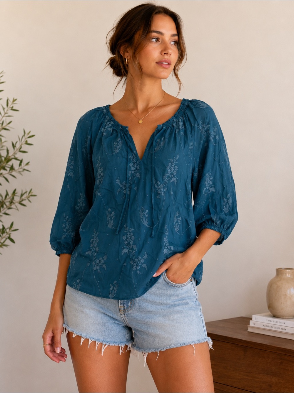 NWOT Urban Mangoz Embroidered Peasant Blouse Medium Teal Boho
